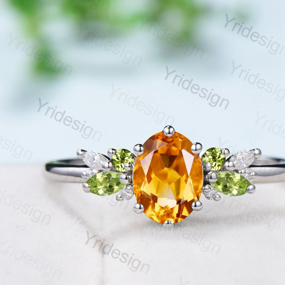 Unique Oval Citrine Engagement Ring Set Marquise Peridot Wedding Ring Women Vintage Unique Cluster Moissanite Healing Crystal Bridal Set - PENFINE