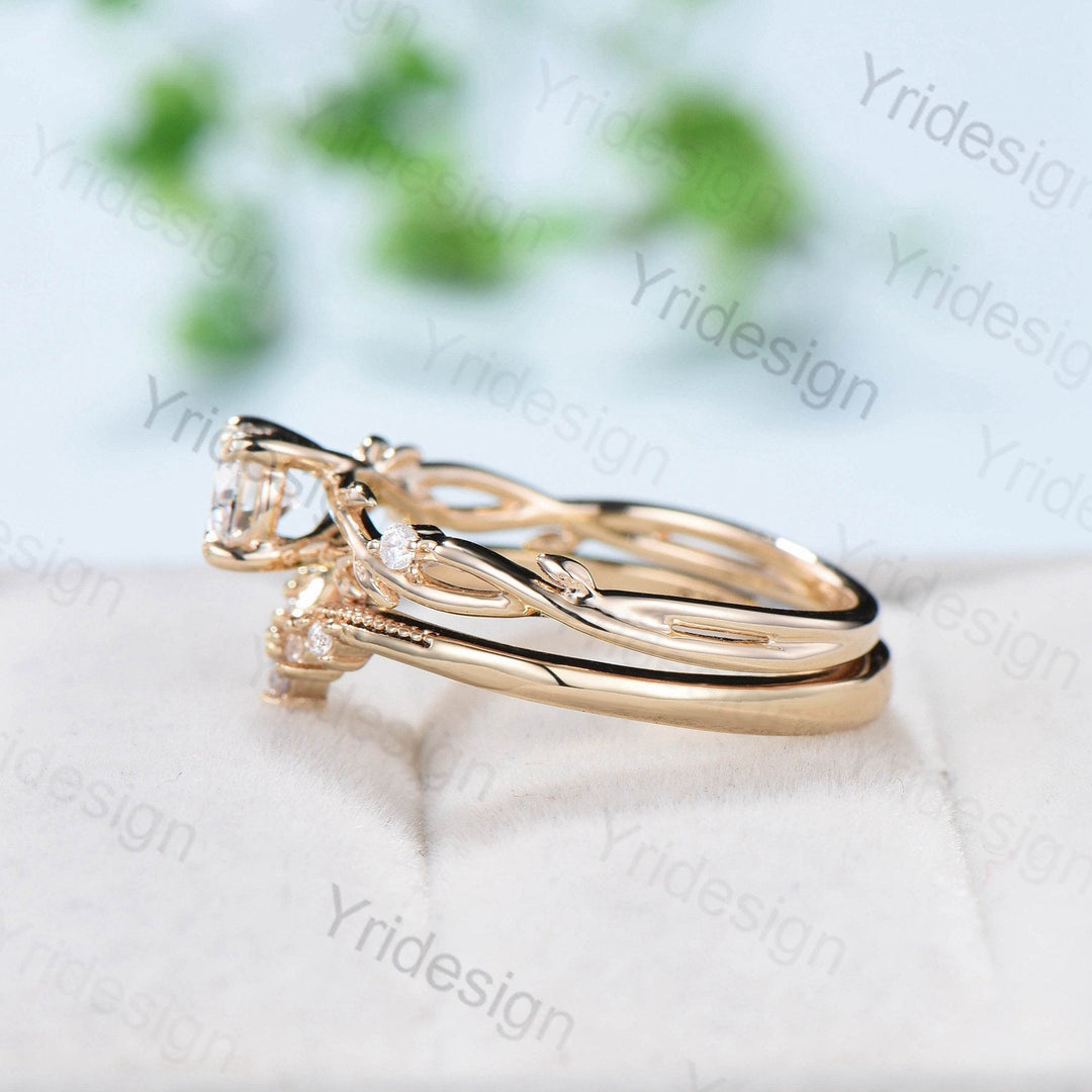 Hexagon Brilliant Moissanite ring set Leaf Branch Moissanite Engagement Ring Set Nature Inspired Wedding Ring Unique Twig Bridal Set Women - PENFINE