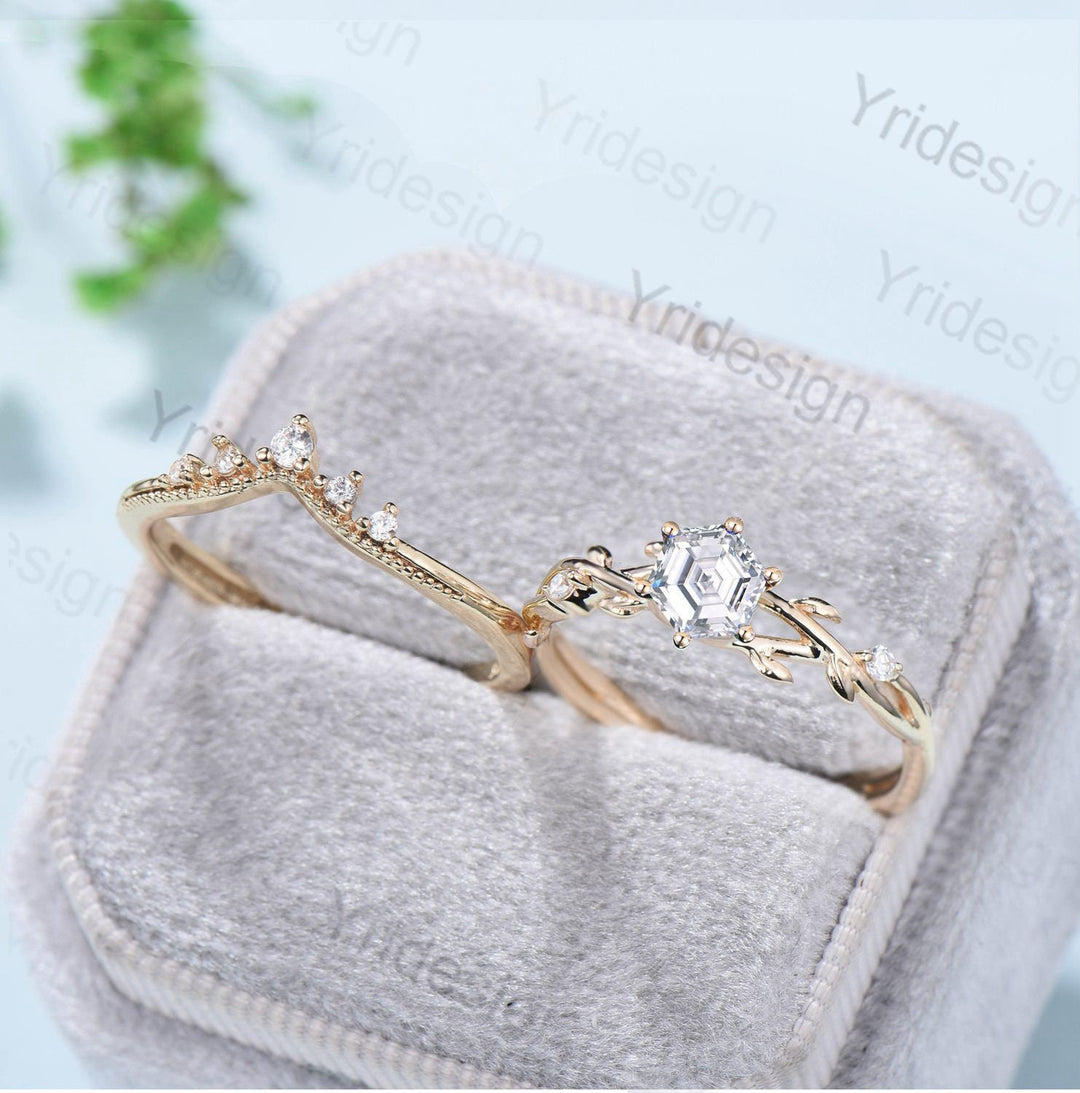 Hexagon Brilliant Moissanite ring set Leaf Branch Moissanite Engagement Ring Set Nature Inspired Wedding Ring Unique Twig Bridal Set Women - PENFINE