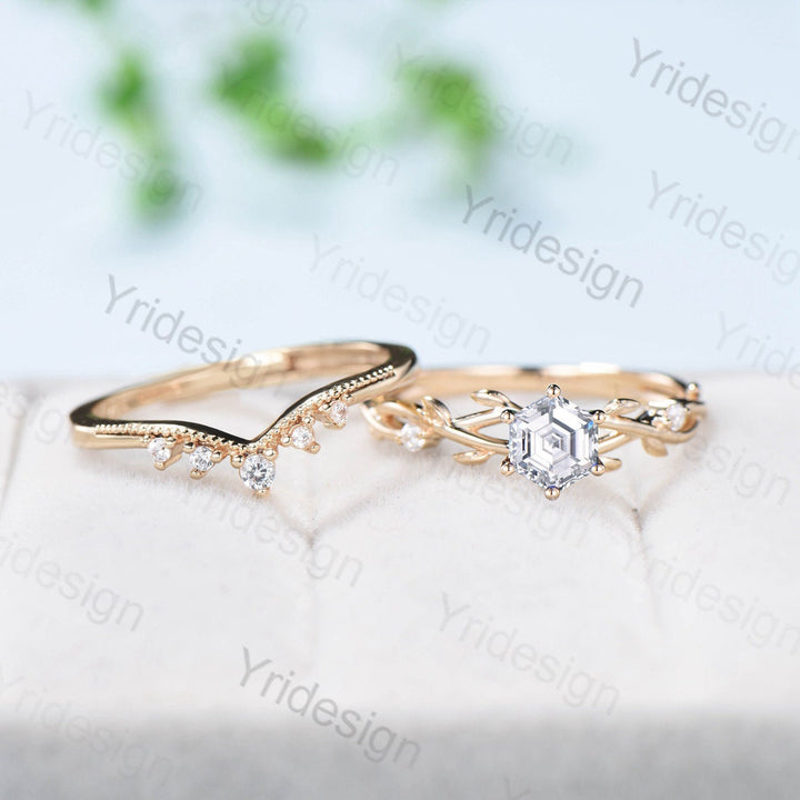 Hexagon Brilliant Moissanite ring set Leaf Branch Moissanite Engagement Ring Set Nature Inspired Wedding Ring Unique Twig Bridal Set Women - PENFINE