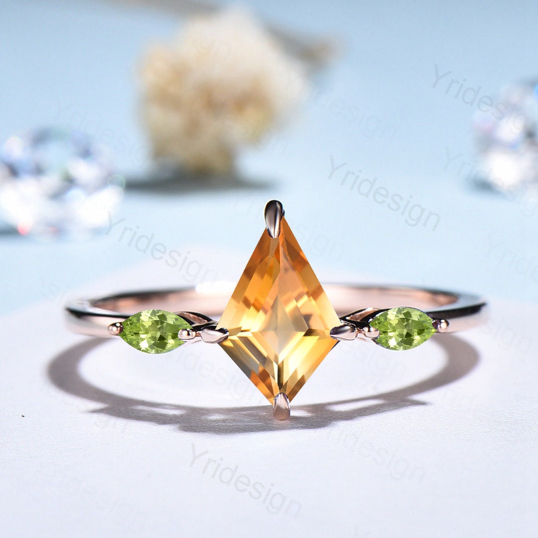 Dainty Kite Cut Citrine Engagement Ring Three Stone Simple Minimalist Marquise Peridot Wedding Ring For Women Unique Handmade Proposal Gifts - PENFINE