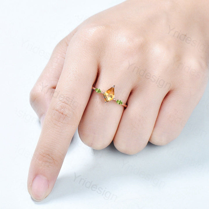 Dainty Kite Cut Citrine Engagement Ring Three Stone Simple Minimalist Marquise Peridot Wedding Ring For Women Unique Handmade Proposal Gifts - PENFINE