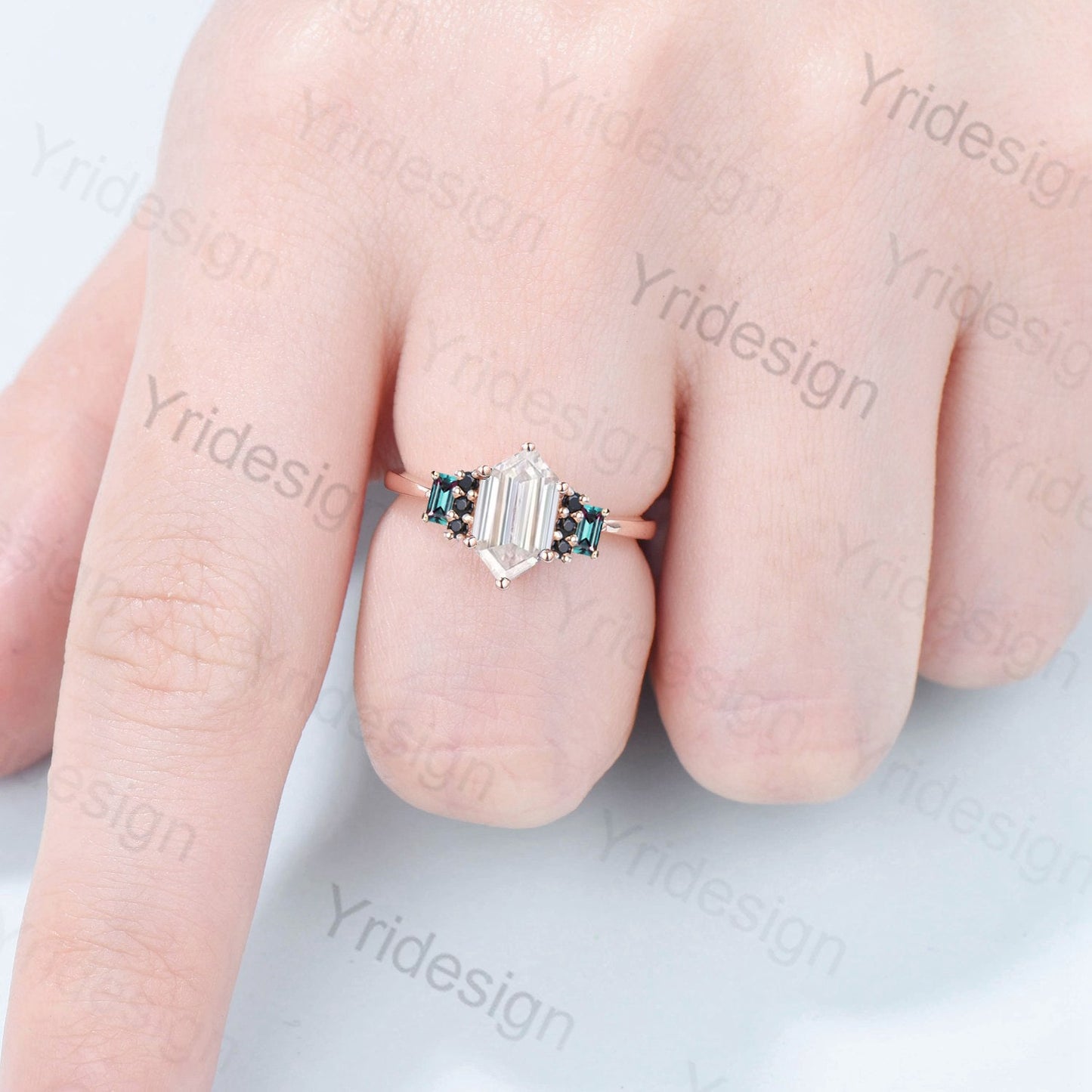 Vintage Long Hexagon Moissanite Engagement Ring  Black Onyx Baguette Alexandrite Cluster Wedding Ring Unique Promise Ring  Bridal Gift - PENFINE