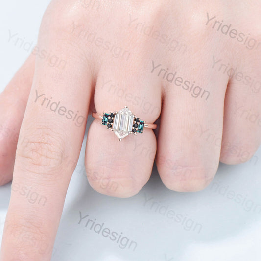 Vintage Long Hexagon Moissanite Engagement Ring Black Onyx Baguette Alexandrite Cluster Wedding Ring Unique Promise Ring Bridal Gift - PENFINE