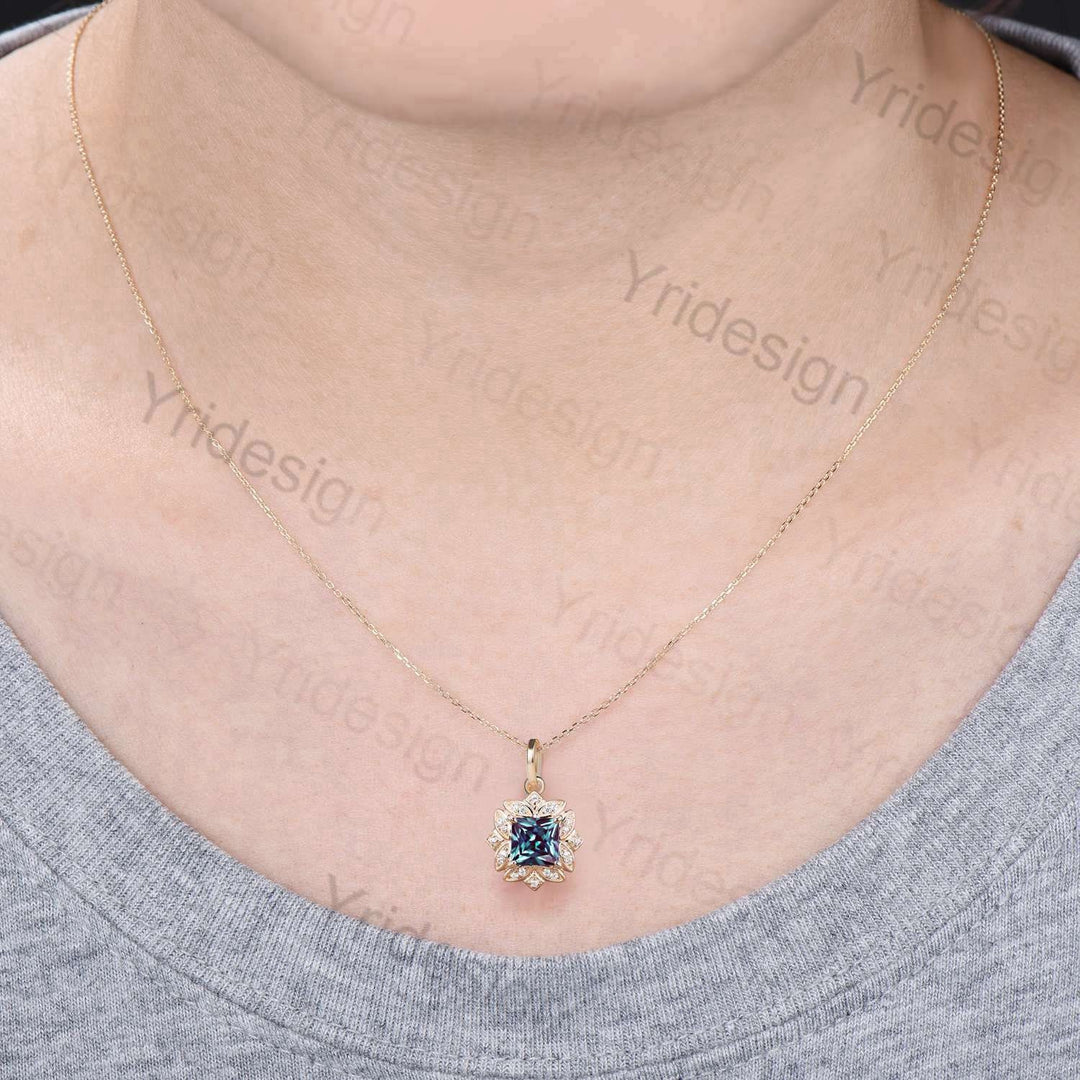 Vintage 2CT Princess Alexandrite Pendant Necklace June Birthstone Floral Color changing  Pendant Necklace Cute Anniversary Gift for Women - PENFINE
