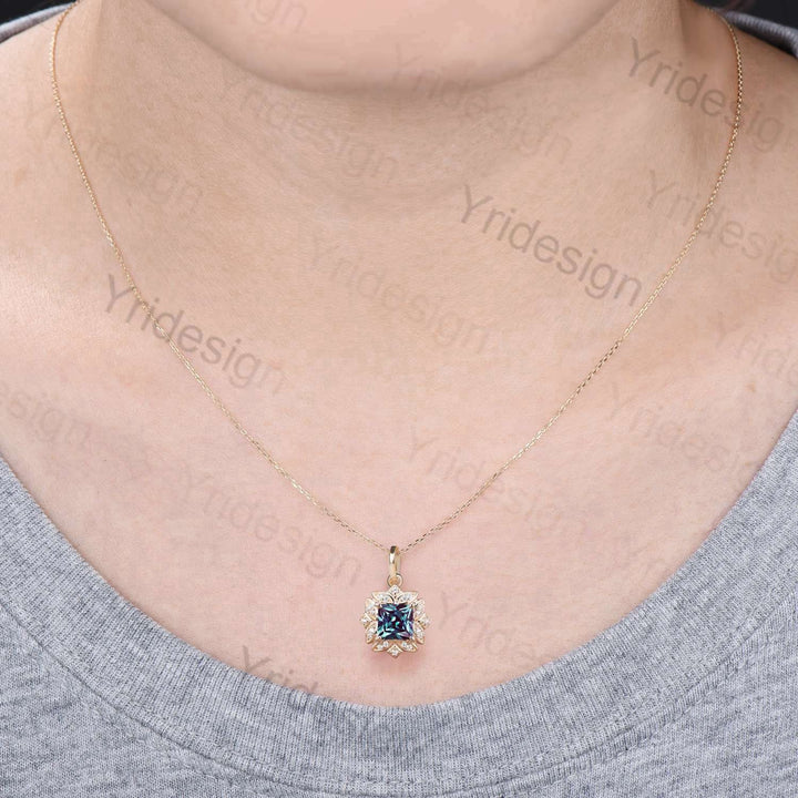 Vintage 2CT Princess Alexandrite Pendant Necklace June Birthstone Floral Color changing  Pendant Necklace Cute Anniversary Gift for Women - PENFINE