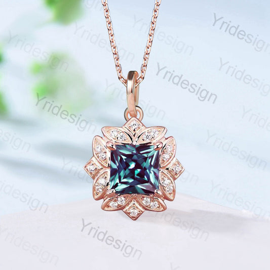 Vintage 2CT Princess Alexandrite Pendant Necklace June Birthstone Floral Color changing Pendant Necklace Cute Anniversary Gift for Women - PENFINE