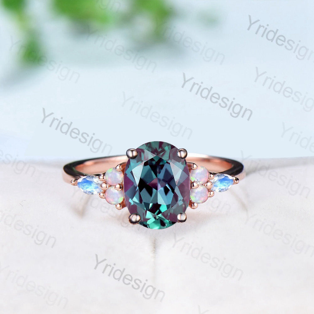 Vintage Alexandrite Ring Silver Rose Gold Cluster Marquise Moonstone Opal Engagement Ring Unique June Birthstone Anniversary Ring Gift - PENFINE