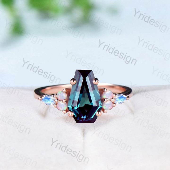 Vintage Alexandrite Ring Silver Rose Gold Cluster Marquise Moonstone Opal Engagement Ring Unique June Birthstone Anniversary Ring Gift - PENFINE