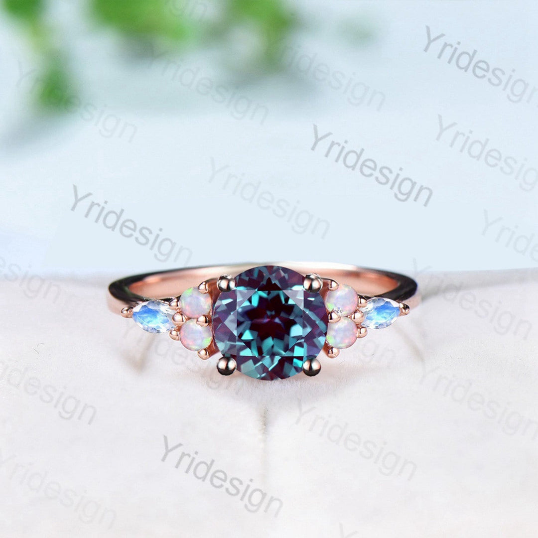 Vintage Alexandrite Ring Silver Rose Gold Cluster Marquise Moonstone Opal Engagement Ring Unique June Birthstone Anniversary Ring Gift - PENFINE