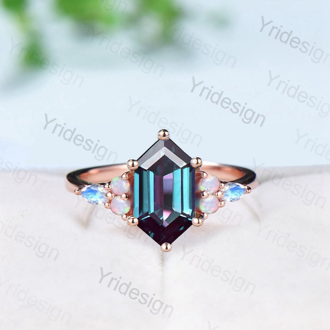 Vintage Alexandrite Ring Silver Rose Gold Cluster Marquise Moonstone Opal Engagement Ring Unique June Birthstone Anniversary Ring Gift - PENFINE