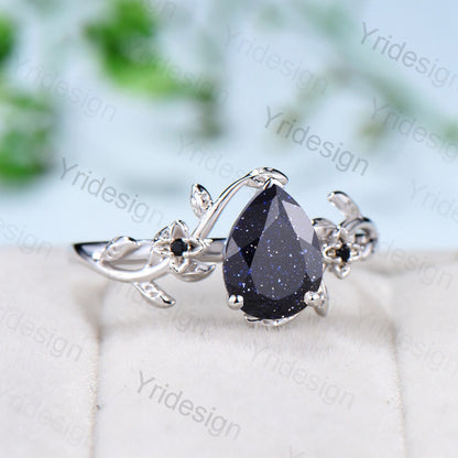 Nature Inspired Pear Blue Sandstone Flower Ring Twig Blue Goldstone Engagement Ring Rose Gold Leaves Branch Galaxy Bridal Ring For Women - PENFINE