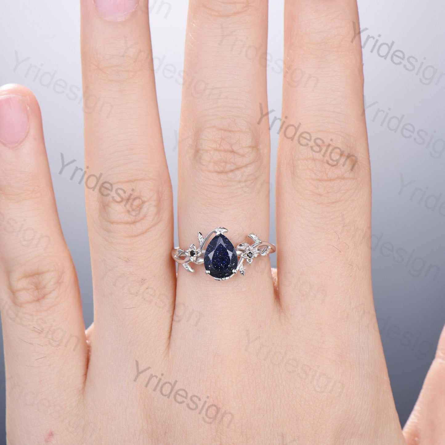 Nature Inspired Pear Blue Sandstone Flower Ring Twig Blue Goldstone Engagement Ring Rose Gold Leaves Branch Galaxy Bridal Ring For Women - PENFINE