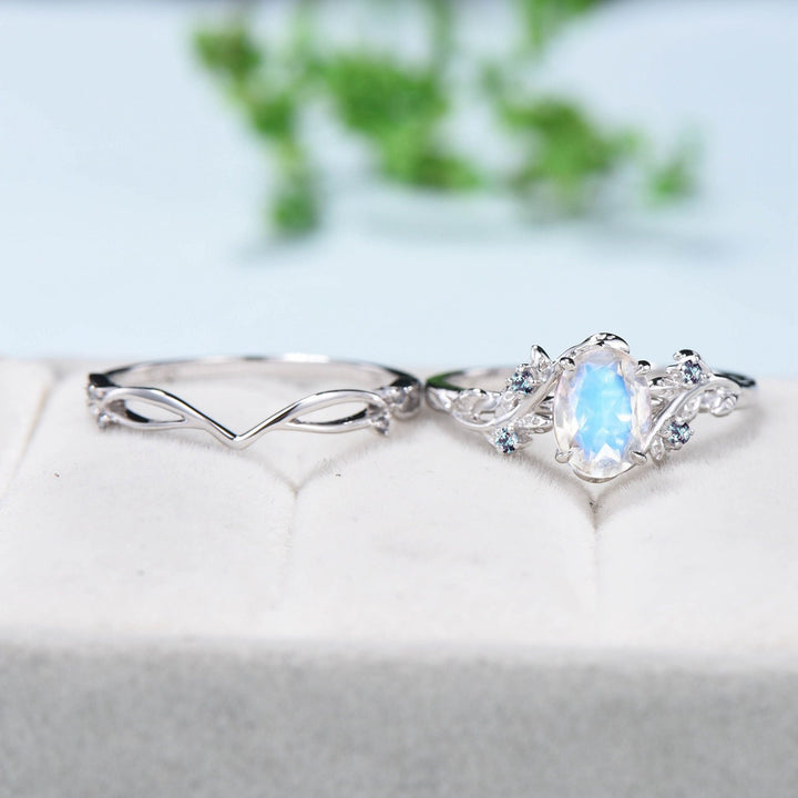 Nature inspired Rainbow blue moonstone ring June birthstone Leaf alexandrite wedding ring set twig engagement ring vintage bridal set women - PENFINE