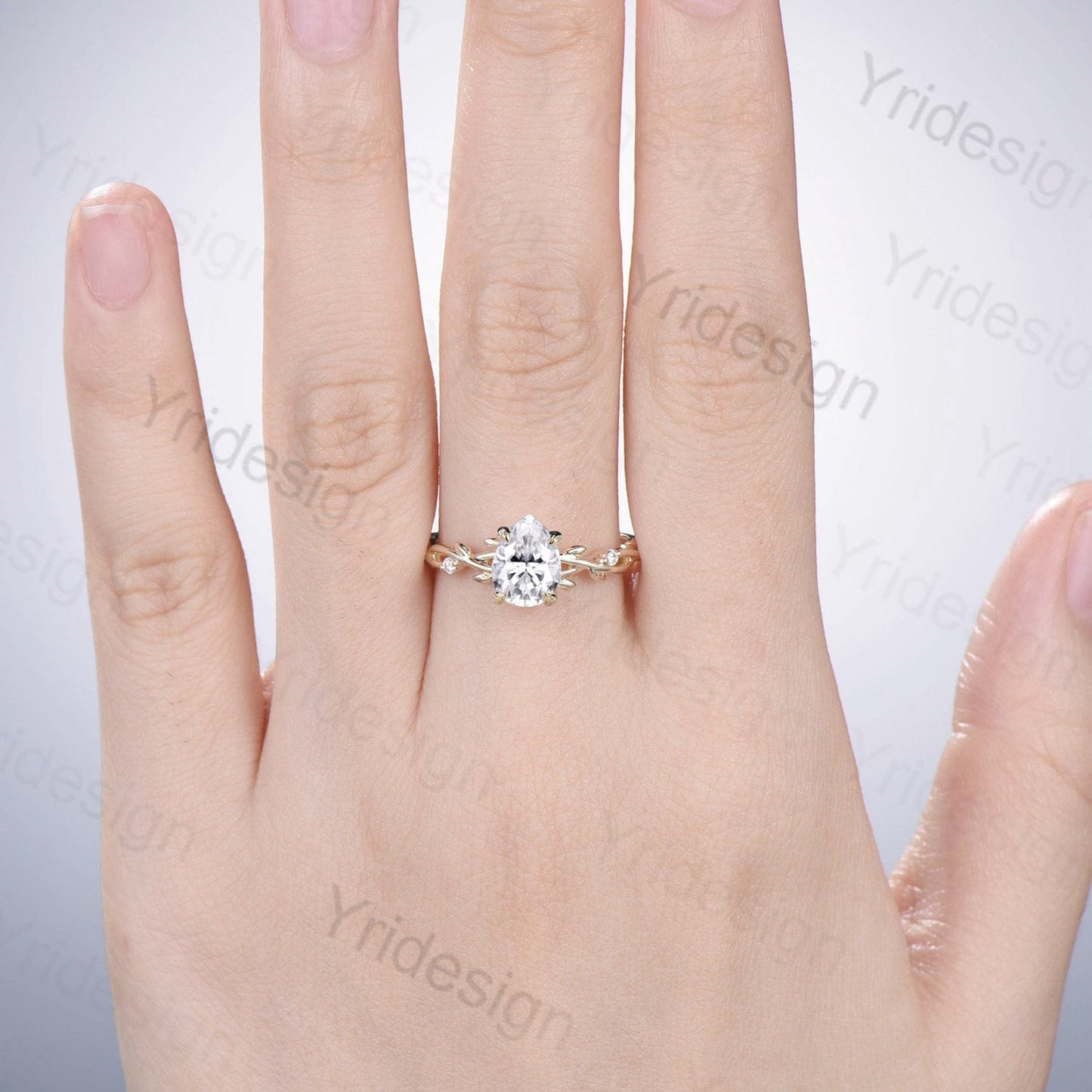 Pear Shaped Moissanite ring Leaf Branch Moissanite Engagement Ring 14K Yellow Gold Nature Inspired Wedding Ring Unique Twig Promise Ring - PENFINE