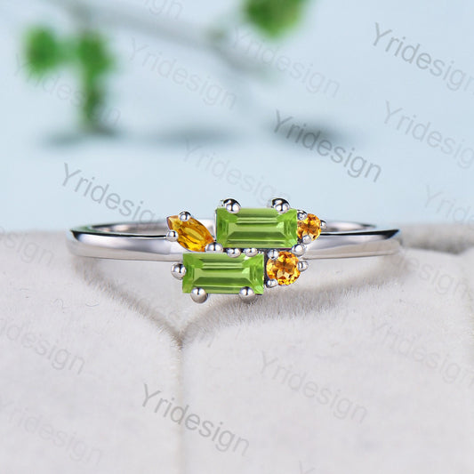 Unique Baguette Peridot Wedding Ring Vintage Citrine Peridot Wedding Ring Stacking Promise Ring August Birthstone Ring Anniversary Gift - PENFINE