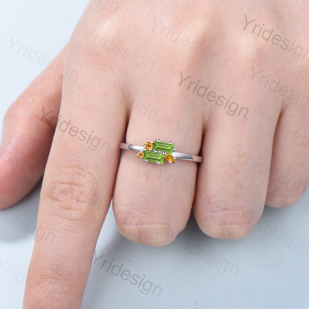 Unique Baguette Peridot Wedding Ring Vintage Citrine Peridot Wedding Ring Stacking Promise Ring August Birthstone Ring Anniversary Gift - PENFINE