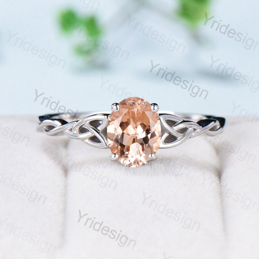 Norse Viking Morganite Ring Rose Gold Celtic Love Knot Oval Morganite Engagement Ring Vintage Unique Twisted Pink Crystal Wedding Ring Women - PENFINE
