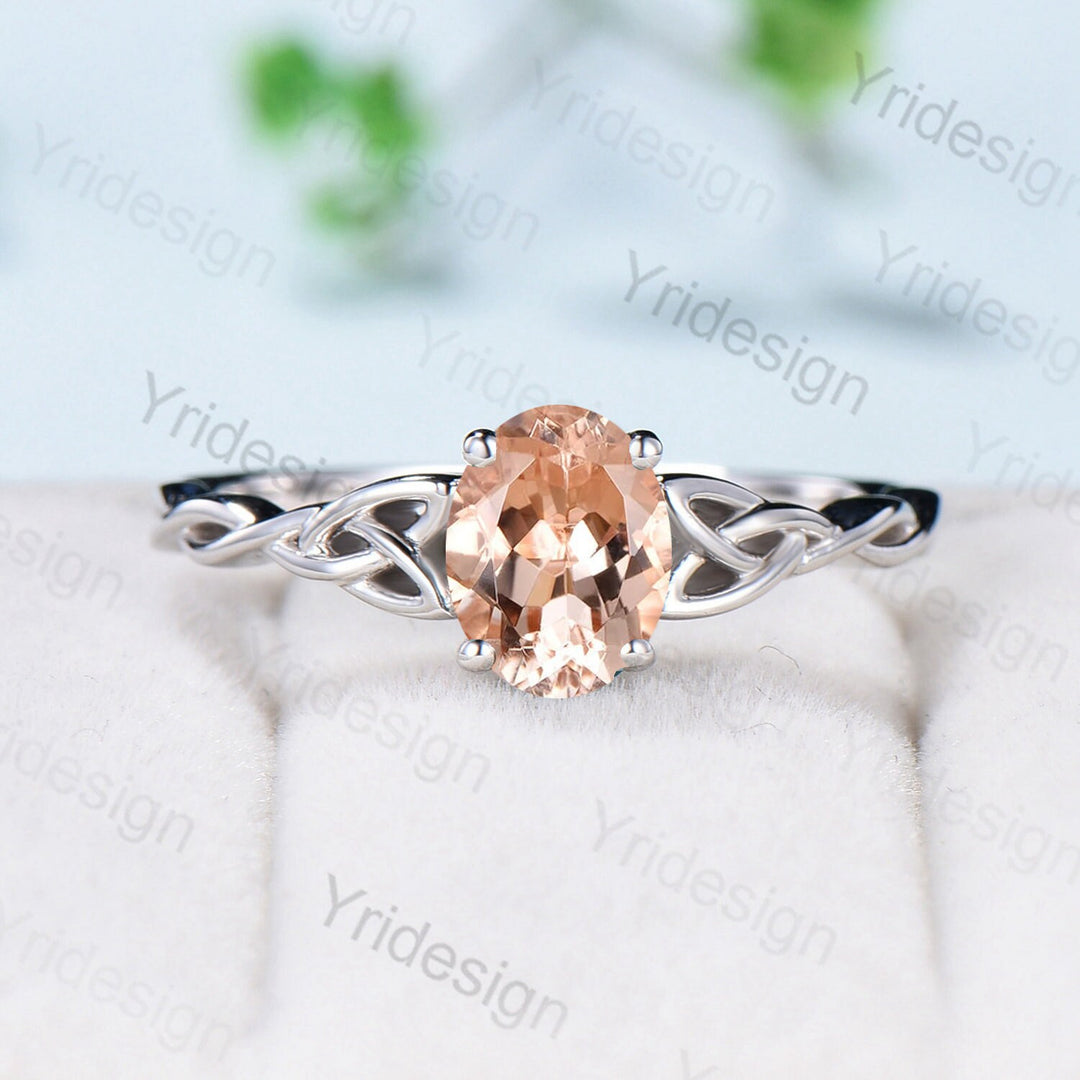 Norse Viking Morganite Ring Rose Gold Celtic Love Knot Oval Morganite Engagement Ring Vintage Unique Twisted Pink Crystal Wedding Ring Women - PENFINE