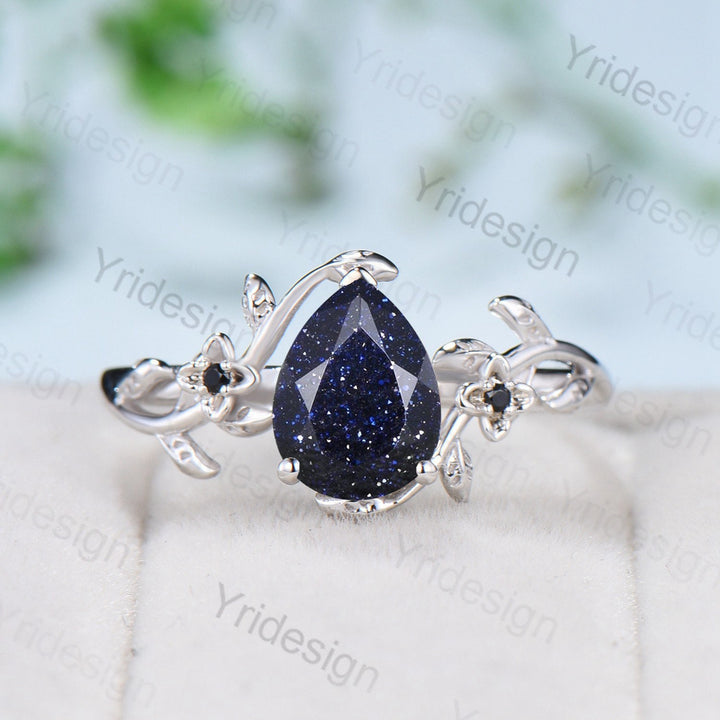 Nature Inspired Pear Blue Sandstone Flower Ring Twig Blue Goldstone Engagement Ring Rose Gold Leaves Branch Galaxy Bridal Ring For Women - PENFINE