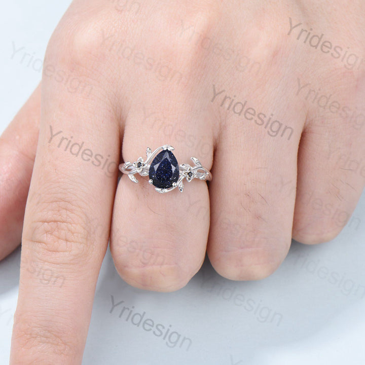 Nature Inspired Pear Blue Sandstone Flower Ring Twig Blue Goldstone Engagement Ring Rose Gold Leaves Branch Galaxy Bridal Ring For Women - PENFINE