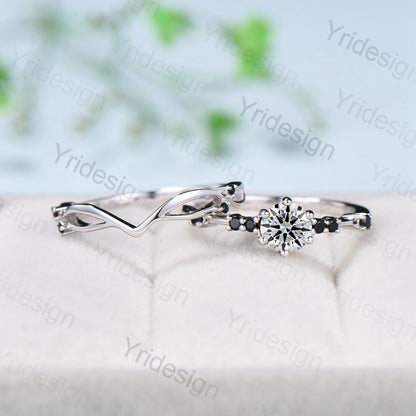 Dainty 5mm Diamond Engagement Ring Set, IGI Certified D/VS1 Lab Created Diamond Ring, Black Diamond Stacking Band Wedding Ring Set Platinum - PENFINE