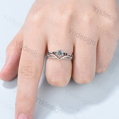 Dainty 5mm Diamond Engagement Ring Set, IGI Certified D/VS1 Lab Created Diamond Ring, Black Diamond Stacking Band Wedding Ring Set Platinum - PENFINE