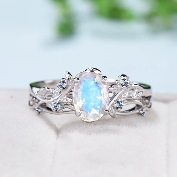 Nature inspired Rainbow blue moonstone ring June birthstone Leaf alexandrite wedding ring set twig engagement ring vintage bridal set women - PENFINE