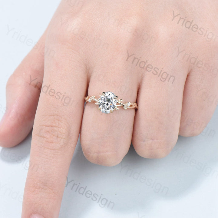 Oval Cut Moissanite ring Nature Inspired Moissanite Engagement Ring 14K Yellow Gold Branch Leaf Wedding Ring Unique Twig Promise Ring Women - PENFINE