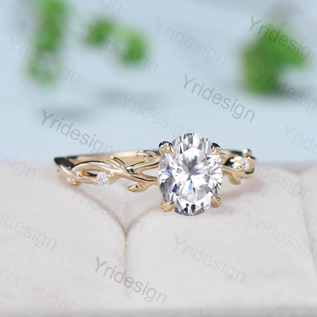 Oval Cut Moissanite ring Nature Inspired Moissanite Engagement Ring 14K Yellow Gold Branch Leaf Wedding Ring Unique Twig Promise Ring Women - PENFINE