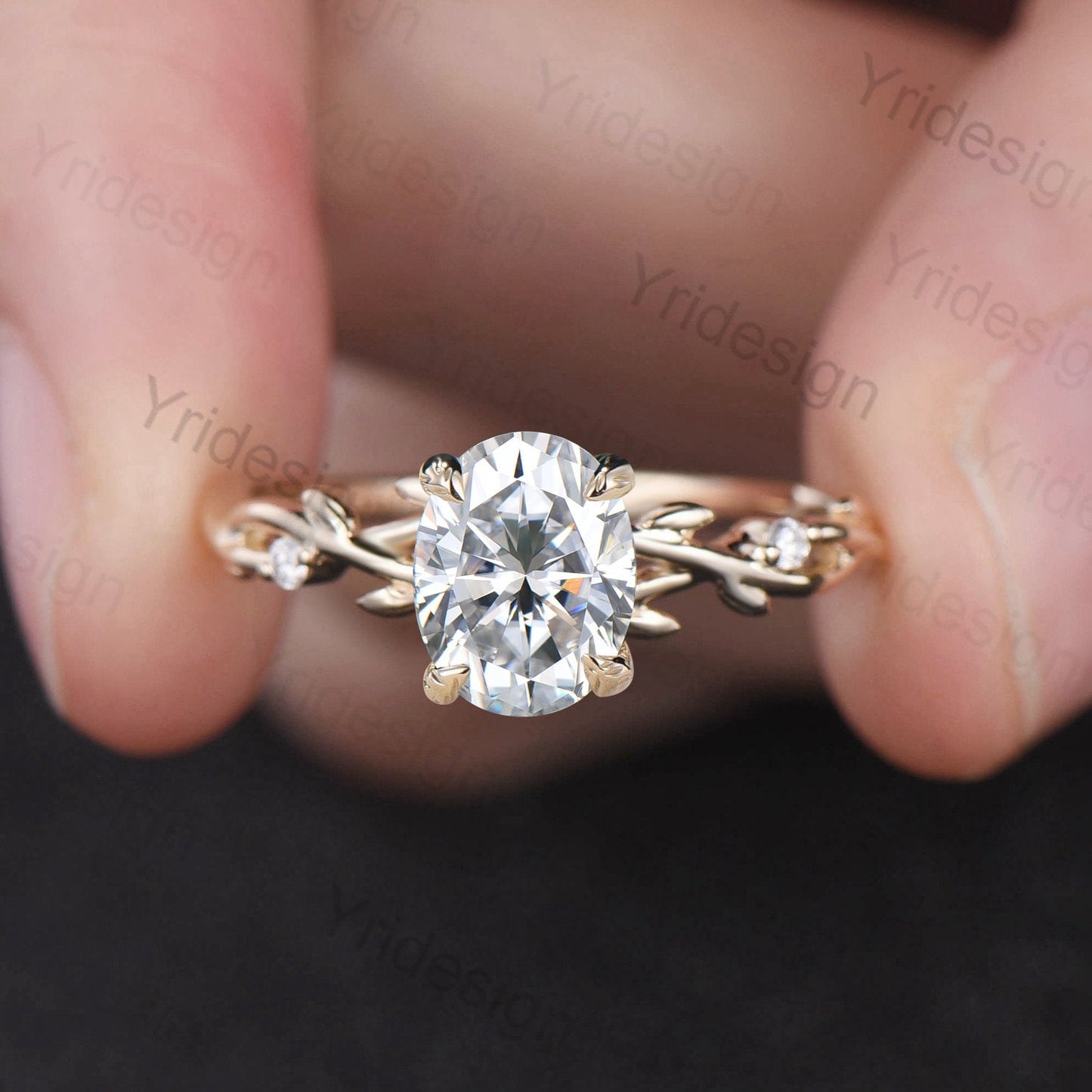 Oval Cut Moissanite ring Nature Inspired Moissanite Engagement Ring 14K Yellow Gold Branch Leaf Wedding Ring Unique Twig Promise Ring Women - PENFINE