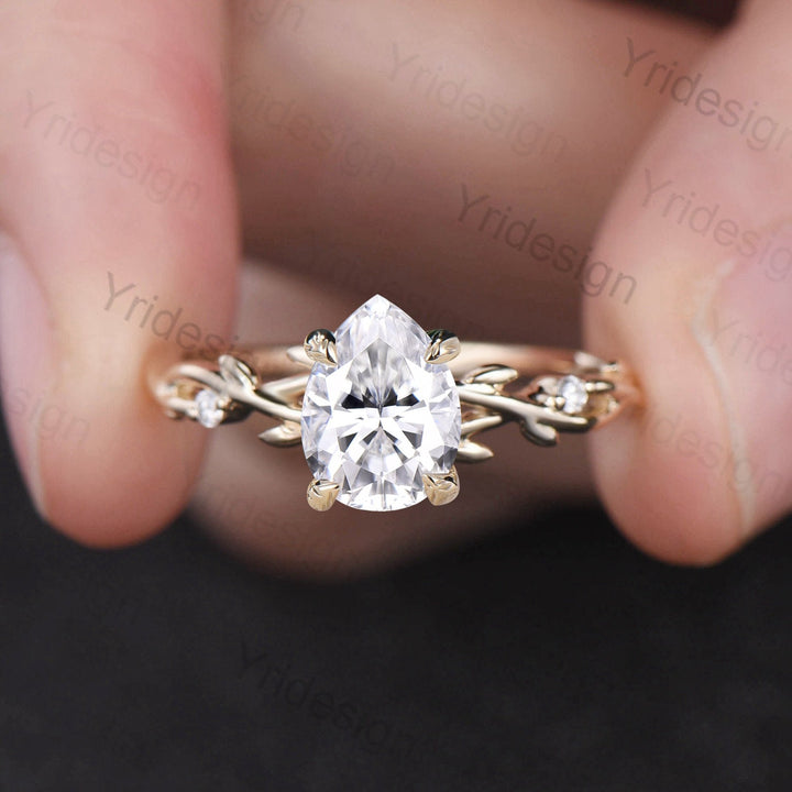 Pear Shaped Moissanite ring Leaf Branch Moissanite Engagement Ring 14K Yellow Gold Nature Inspired Wedding Ring Unique Twig Promise Ring - PENFINE