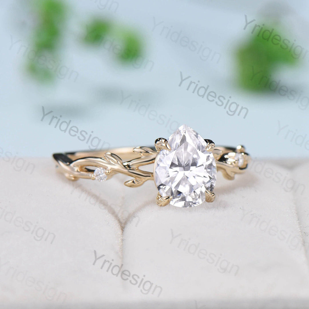 Pear Shaped Moissanite ring Leaf Branch Moissanite Engagement Ring 14K Yellow Gold Nature Inspired Wedding Ring Unique Twig Promise Ring - PENFINE