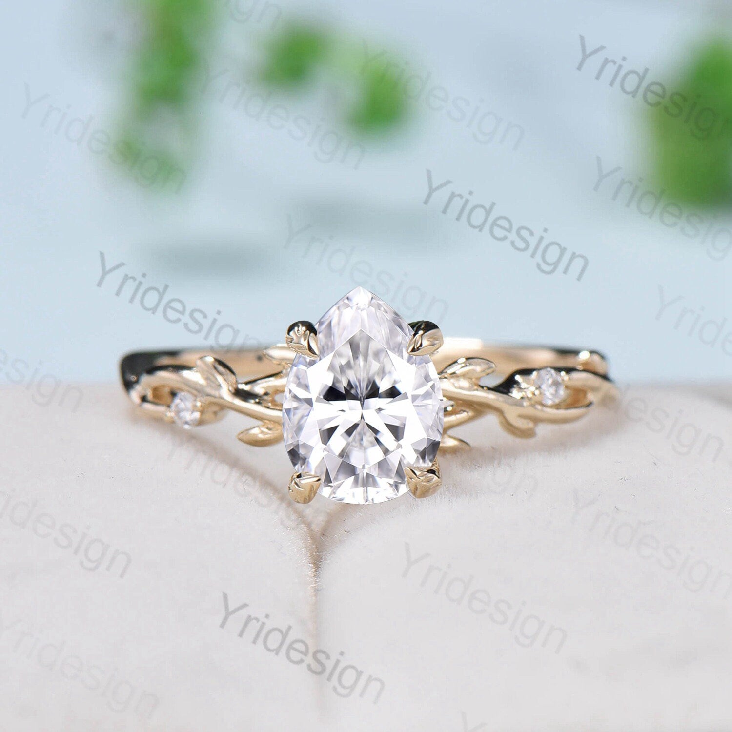 Pear Shaped Moissanite ring Leaf Branch Moissanite Engagement Ring 14K Yellow Gold Nature Inspired Wedding Ring Unique Twig Promise Ring - PENFINE