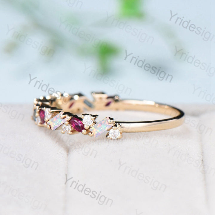 Vintage Fire Opal Ruby Eternity Wedding Band Women Unique Baguette White Opal Stackable Ring Marquise Ruby Matching Band Anniversary Gift - PENFINE