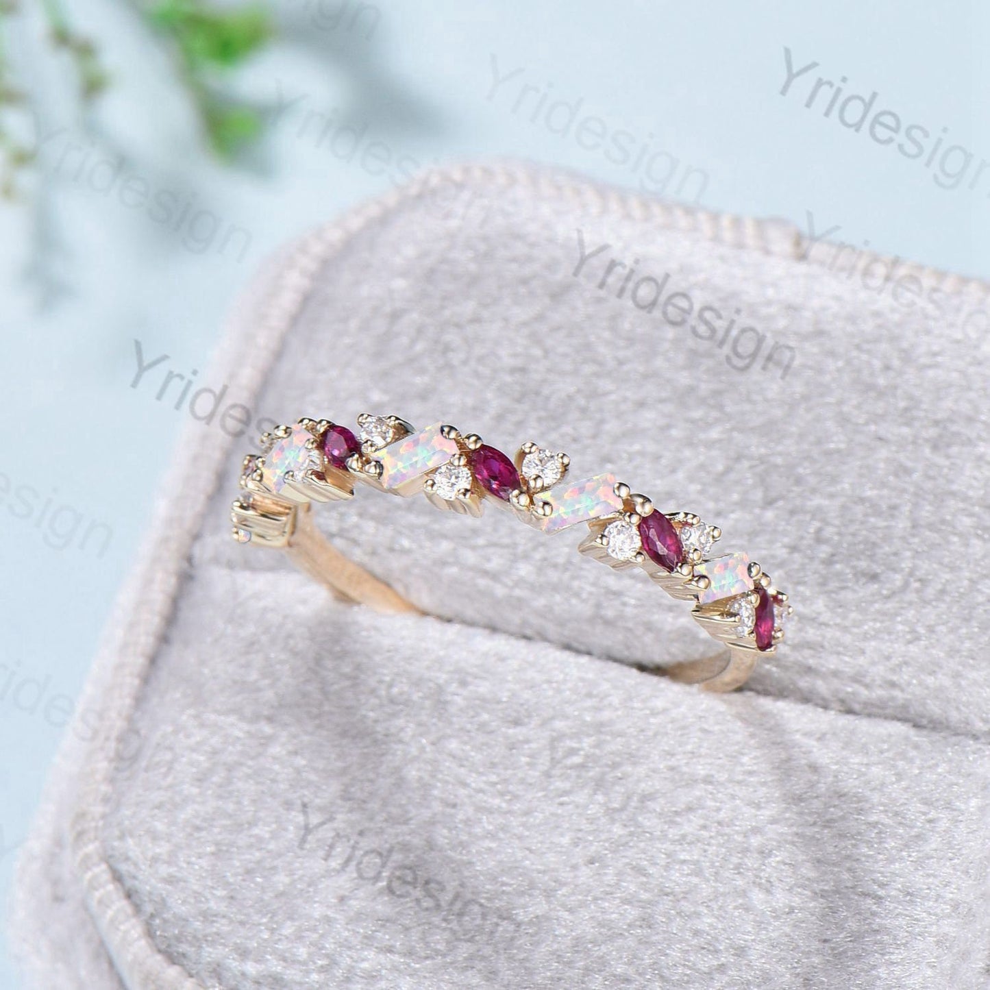 Vintage Fire Opal Ruby Eternity Wedding Band Women Unique Baguette White Opal Stackable Ring Marquise Ruby Matching Band Anniversary Gift - PENFINE