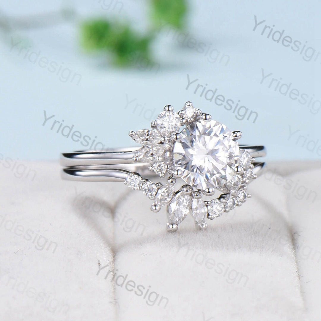 7mm Round Brilliant Diamond Engagement Ring Set Unique Snowflake Lab Grown Diamond IGI Certificate Wedding Ring for Women Promise Gift - PENFINE