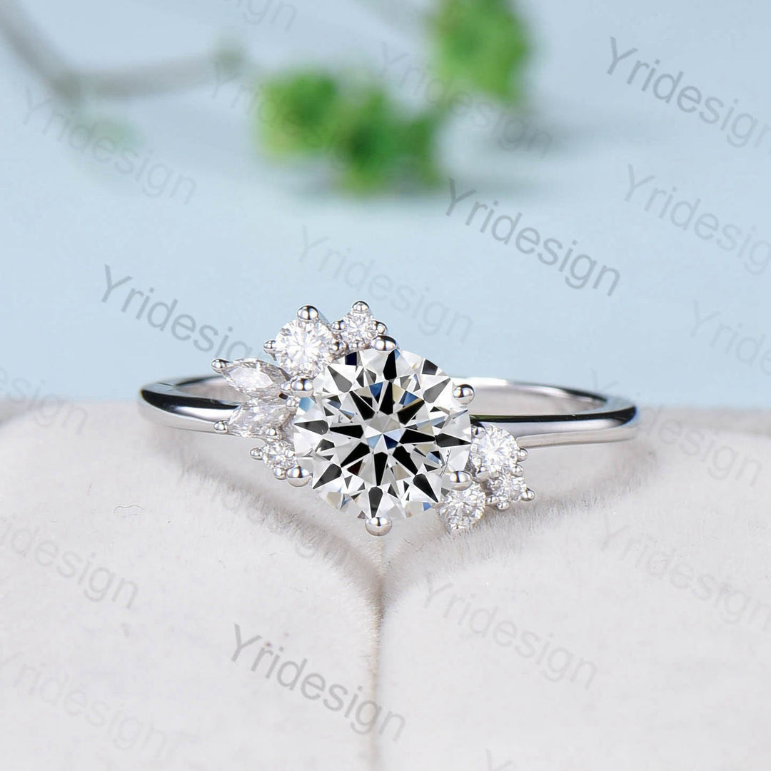 7mm Round Brilliant Diamond Engagement Ring Set Unique Snowflake Lab Grown Diamond IGI Certificate Wedding Ring for Women Promise Gift - PENFINE