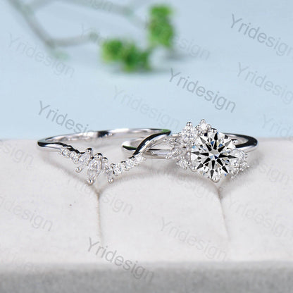 7mm Round Brilliant Diamond Engagement Ring Set Unique Snowflake Lab Grown Diamond IGI Certificate Wedding Ring for Women Promise Gift - PENFINE