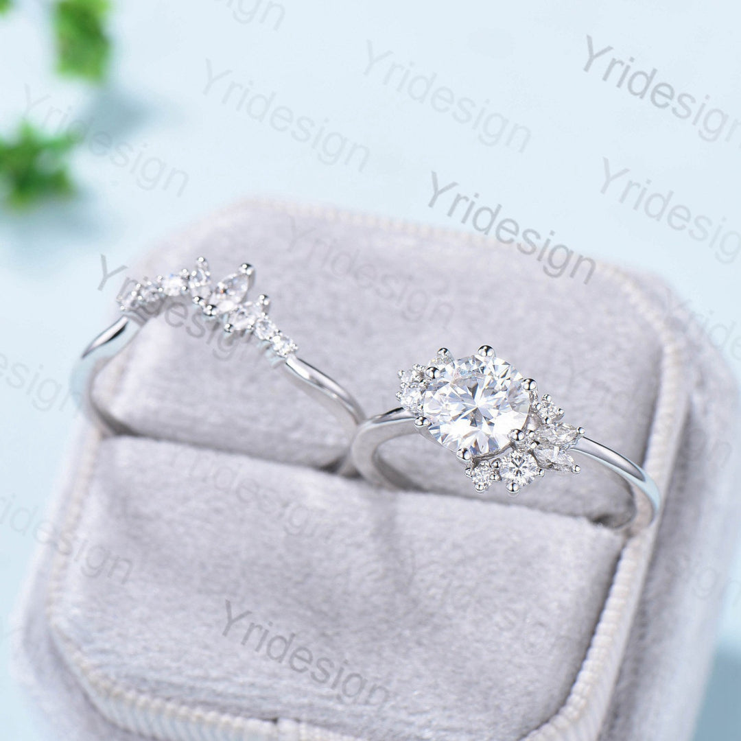 7mm Round Brilliant Diamond Engagement Ring Set Unique Snowflake Lab Grown Diamond IGI Certificate Wedding Ring for Women Promise Gift - PENFINE