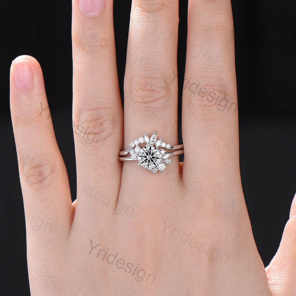 7mm Round Brilliant Diamond Engagement Ring Set Unique Snowflake Lab Grown Diamond IGI Certificate Wedding Ring for Women Promise Gift - PENFINE