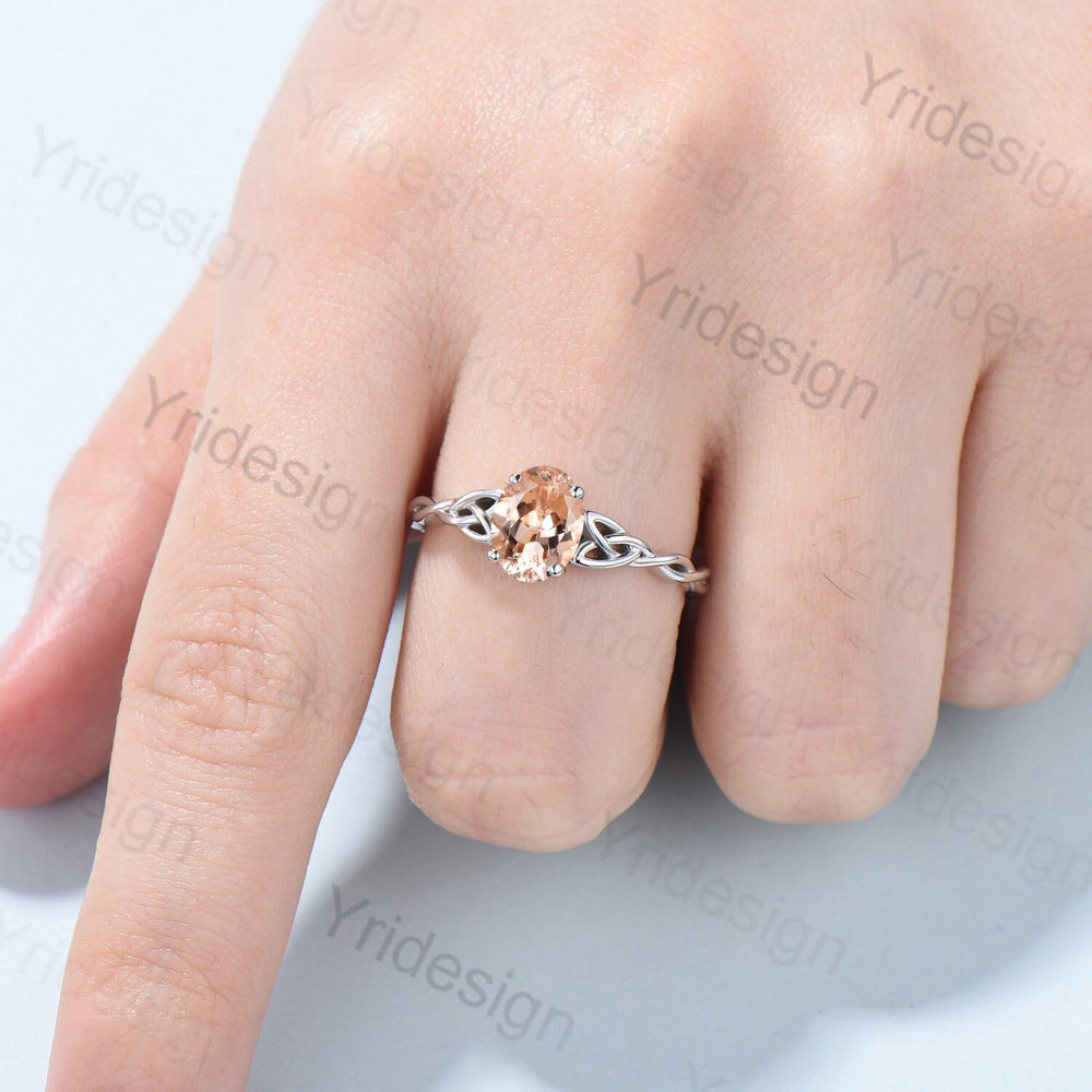 Norse Viking Morganite Ring Rose Gold Celtic Love Knot Oval Morganite Engagement Ring Vintage Unique Twisted Pink Crystal Wedding Ring Women - PENFINE