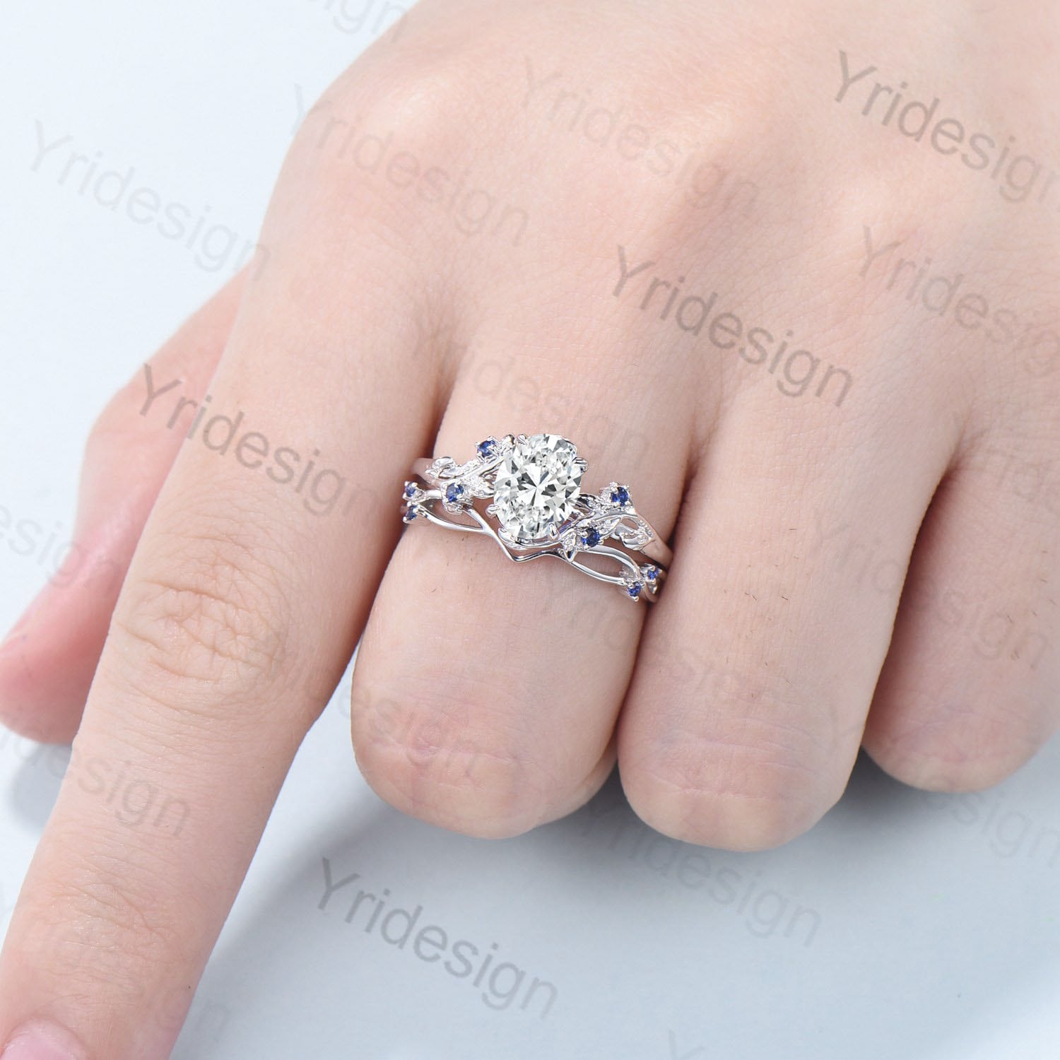 Oval Diamond Engagement Ring Set with Matching Leaf Ring