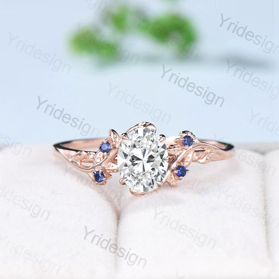 Nature Inspired Diamond Engagement Ring IGI Certificate Lab Grown Diamond Ring Oval Diamond Blue Sapphire Wedding Ring Handmade Leaf Ring - PENFINE