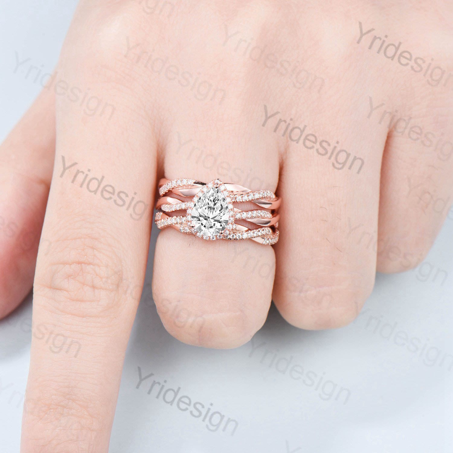 6x8mm pear shaped diamond ring set VVS2-D lab grown diamond engagement ring twist wedding ring set forever full eternity stacking band - PENFINE