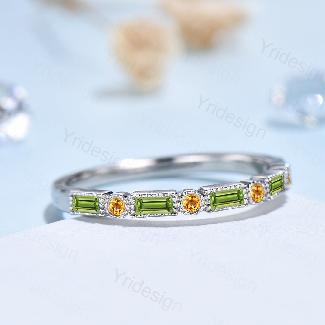 Vintage Peridot Wedding Band, Baguette cut wedding ring for women, Unique Citrine Stacking Matching Bridal ring, Anniversary band ring - PENFINE