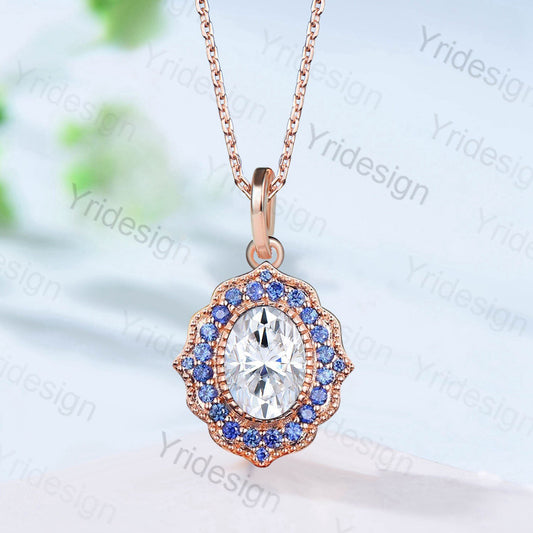 Solid 18K Gold Diamond pendant necklace vintage sapphire necklace delicate oval cut forever one moissanite pendant Anniversary Gift Women - PENFINE