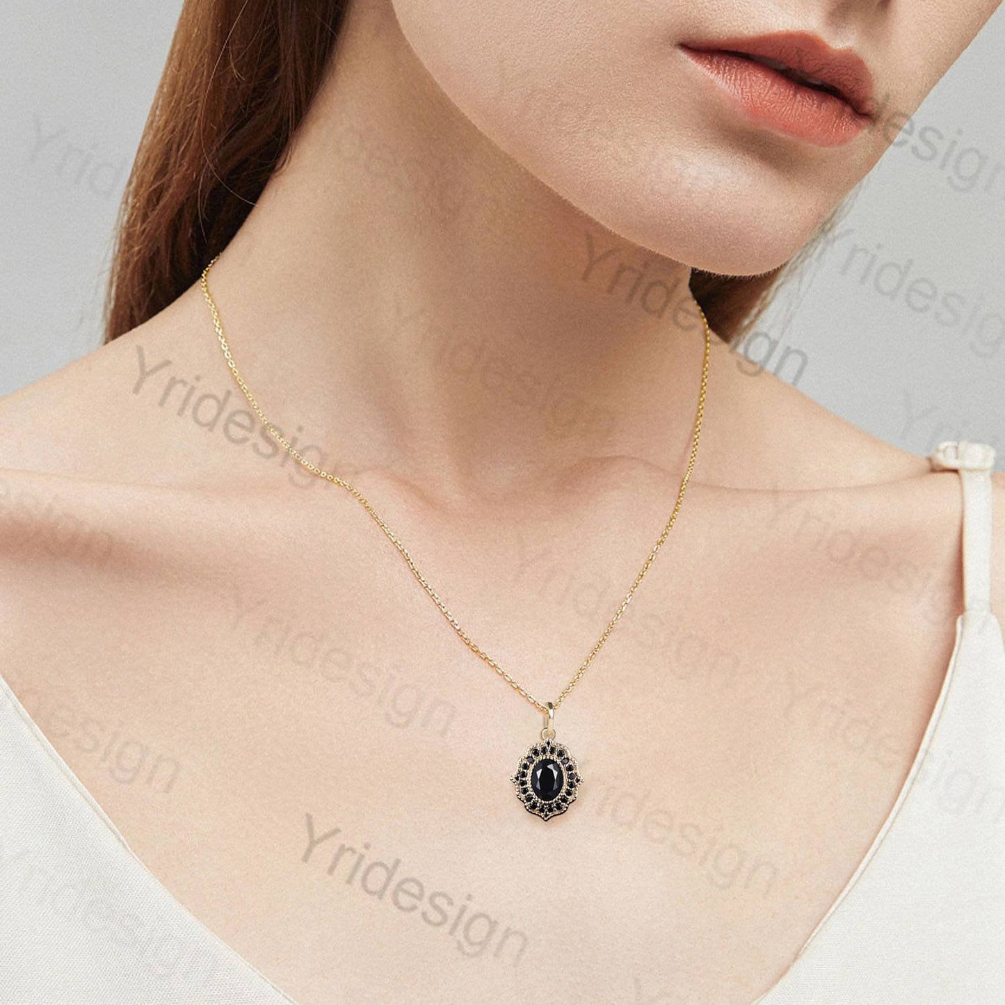 Vintage black onyx pendant necklace Unique oval cut black stone spinel pendant halo solid 14k/18k gold pendant necklace for girl - PENFINE