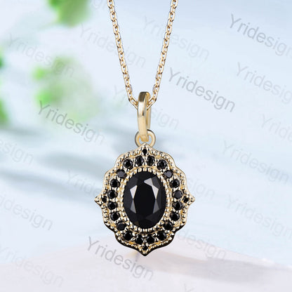 Vintage black onyx pendant necklace Unique oval cut black stone spinel pendant halo solid 14k/18k gold pendant necklace for girl - PENFINE