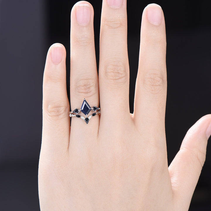 Minimalist Starry Sky Kite Cut Blue Sandstone Engagement Ring Set Black Stone Galaxy Bridal Ring Set Antique Art Deco Wedding Ring Set Women - PENFINE